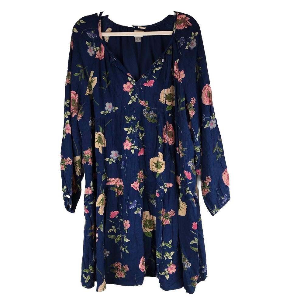 Old Navy Womens Swing Dress Size XL Blue Floral Boho Crinkled Long Sleeve Hippie